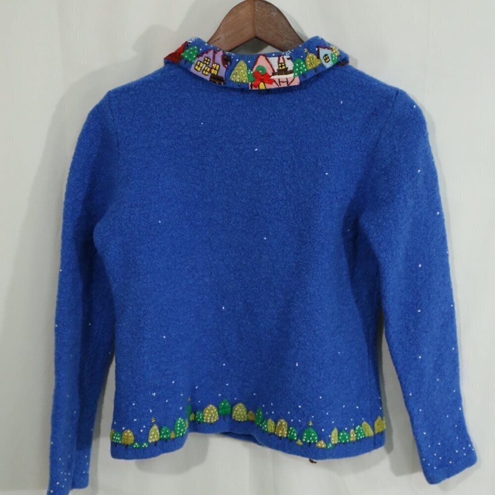 Kids Christmas Sweater Cardigan Blue Beaded Santa Reindeer Holiday Village Small - Picture 3 of 7